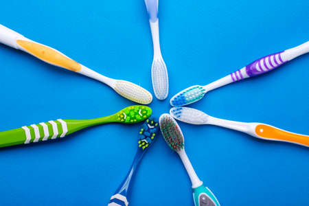 Toothbrush isolated in blue background. Health Care.の写真素材