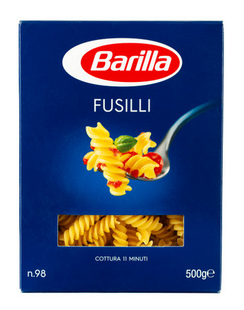 Ukraine, Kyiv - April 02.2020: Barilla Fusilli pasta isolated on white background. Insulated packaging for catalog. File contains clipping path.のeditorial素材
