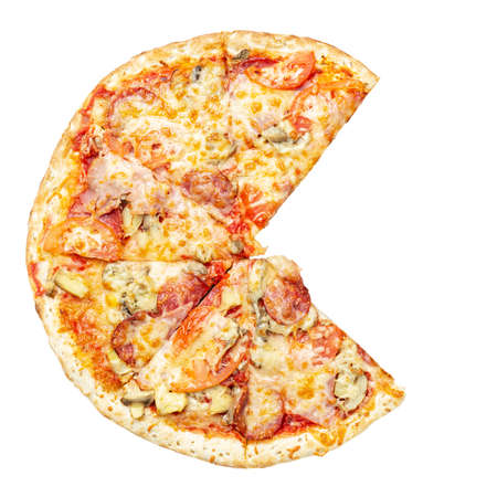 Delicious pizza isolated on white background. The best Italian culinary traditions. File contains clipping path. Top view.の写真素材