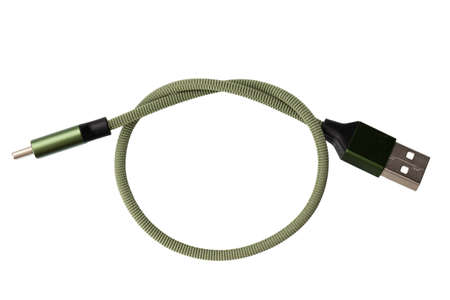 USB type C on white background. File contains clipping path. Phone charging cable. Top view.