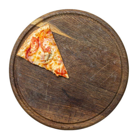 A piece delicious pizza served on wooden plate isolated on white. File contains clipping path.の写真素材
