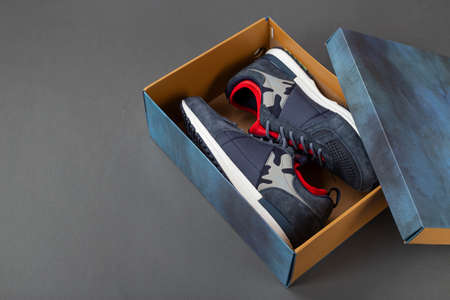 Pair of sneakers in a shop box on a gray background. Space for text. Top view.の写真素材