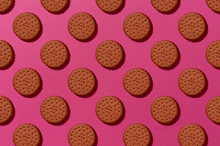 Sweet chocolate cookies flat lay pattern on pink background. Top view.の写真素材