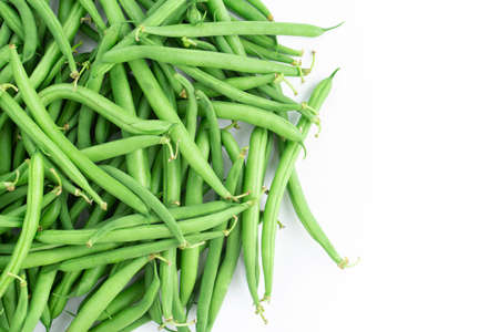Green fresh asparagus beans close-up. Healthy food. Harvest from your own garden. Space for text.