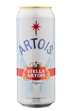 KYIV, UKRAINE - February 09, 2021: Can of Stella Artois beer isolated on white. Insulated packaging for catalog. Alcoholic beverage.のeditorial素材