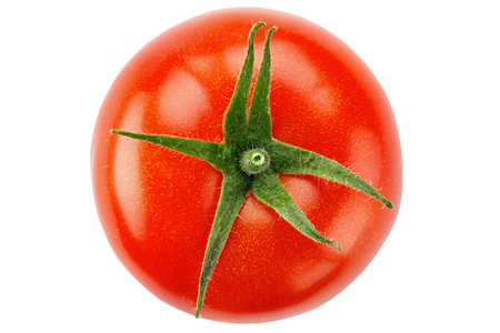 Fresh juicy red tomato isolated on white background. Fresh berries. Delicious and healthy food. Top view.の写真素材