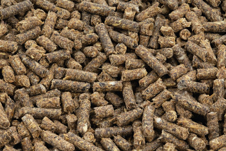 Feed for livestock. Pig feed pellets, feed for hamster, rabbits or mouse. Top view.