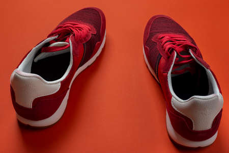 Pair of stylish red sneakers on color background, space for text.の写真素材