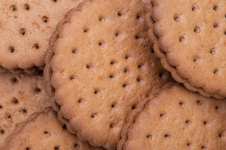Background of round delicious chocolate chip cookies with filling on a white background. Quick snacks.の写真素材