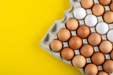 Nice big rural fresh eggs in cardboard egg box holder with colorful yellow background. Space for text.の写真素材