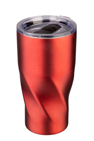 Thermo mug made of stainless steel, red, isolate on white.の写真素材