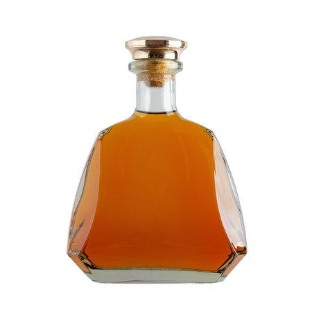 Bottle of amber color premium alcohol, isolated on white background.  Mock-up of whisky, brandy, cognac or rum design. File contains clipping path.の写真素材