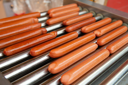 Automatic electric grill with sausages. For cooking. Can be used show how delicious appetizers are prepared and hot dogs. Close-up.の写真素材