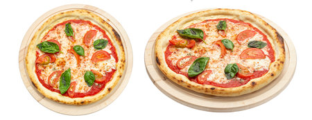 Delicious vegan pizza with mozzarella, tomatoes, mushrooms, served on a wooden plate isolated on a white background. Concept for advertising flyer and poster for restaurants or pizzerias. File contains clip path.の写真素材