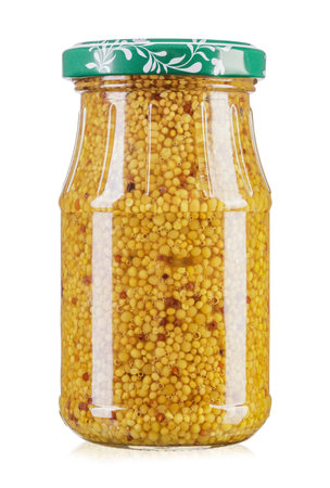 Dijon mustard in a jar. Isolated on white background. File contains clipping pathの写真素材
