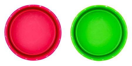 Plastic bottle caps isolated against a white background. Of green, red color. File contains clipping path.の写真素材