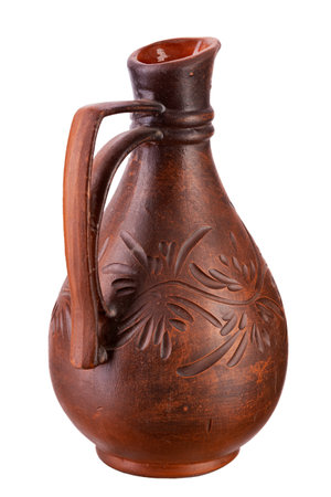 Clay jug with a narrow neck liquid for water or wine, isolated on white background. Full depth of field. File contains clipping path.の写真素材