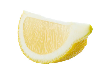 Ripe slice of yellow lemon citrus fruit isolated on white background close up. vitamin C. File contains clipping path. Full depth of field.の写真素材