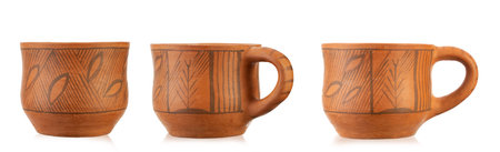 Three clay cups with ornaments, set. Rustic style. Isolated on white background. File contains clipping pathの写真素材