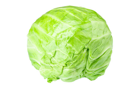 Ripe young green cabbage isolated on white background close up. File contains clipping path. Full depth of field.の写真素材