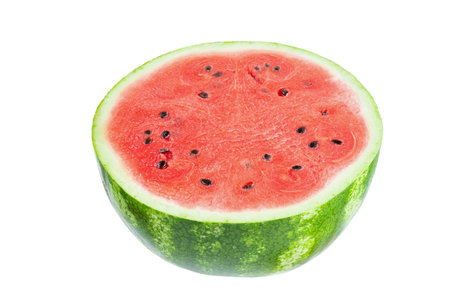 Half of watermelon isolated on white background. File contains clipping path. Full depth of field.の写真素材