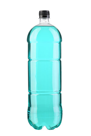 Energy drinks with different flavors isolated on white background. Plastic bottle with turquoise liquid.の写真素材