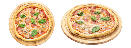 Delicious pizza served on wooden plate isolated on white background.の写真素材