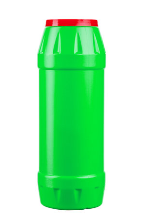 Green bottle with cleaning powder  isolated on white background. File contains clipping path. Full depth of field.の写真素材