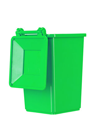 A new unbox green large plastic bin  isolated on white background. Garbage container with a lid. Concept of cleaning, waste separation, and public hygiene. File contains clipping path.の写真素材