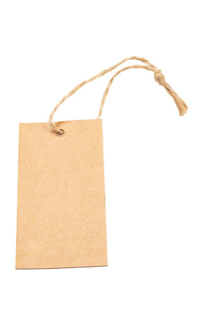 Brown cardboard label with slim rope isolated on white background. Price tag or address label on white background. File contains clipping path.の写真素材