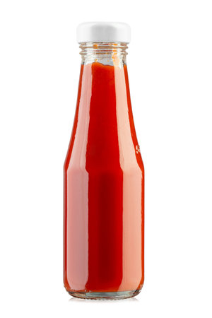 Glass bottle of ketchup isolated on white background. File contains clipping path. Full depth of field.の写真素材