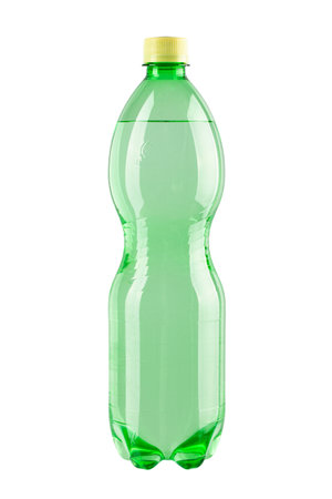 Green bottle of water no label isolated on white background. Pure mineral, drinking water in pet bottle, 1 liter bottle, 1,5 liter bottle. File contains clipping path.の写真素材
