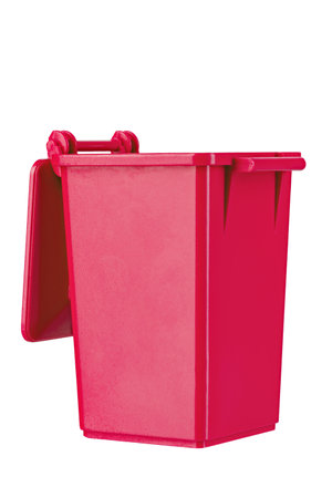 A new unbox red large plastic bin isolated on white background. Garbage container with a lid. Concept of cleaning, separation waste, and public hygiene. File contains clipping path.の写真素材