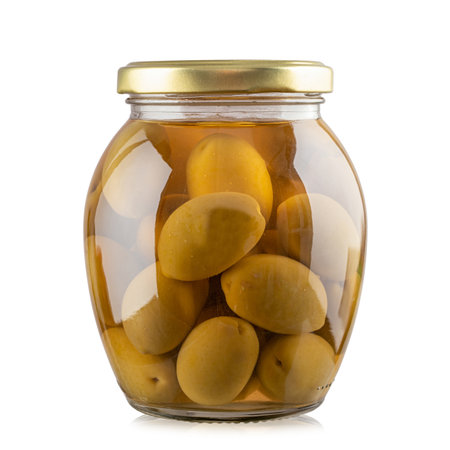 Glass jar of preserved olives on white background. File contains clipping path. Full depth of field.の写真素材