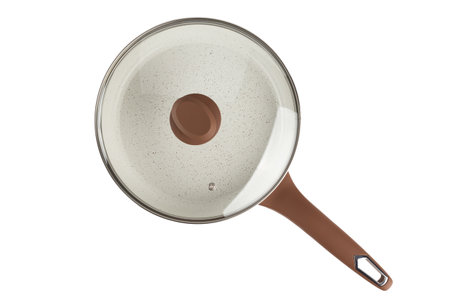 Frying pan with a glass lid, skillet, isolated on white background. File contains clipping path. Full depth of field. Close-up, top view.の写真素材