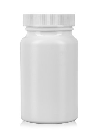 White plastic medicine bottle. Isolated on a white background. File contains clipping pathの写真素材