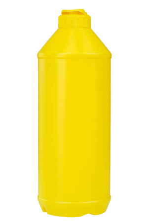 Yellow detergent plastic bottle with cleaning liquid isolated on white background. File contains clipping path.の写真素材