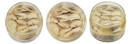 Sliced salted and pickled herring fish in jar isolated on white background. Salted fillet of herring. File contains clipping path.の写真素材