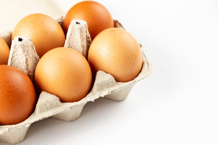 A tray of brown fresh hens eggs on white background. Eco-friendly egg production. Baking ingredients. Organic chicken eggs - fresh from producer. Top view. Free space for text.の写真素材