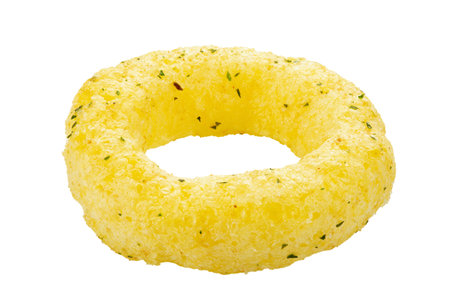 Crispy onion rings, isolated on white background, full depth of field. Ð¡orn rings. File contains clipping path. Design element. Snacks for watching movies.の写真素材