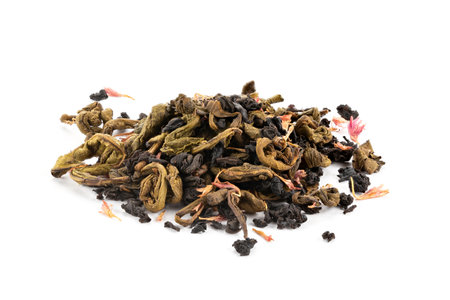 Tea with strawberry flavor and passion fruit on white background. Top view.の写真素材