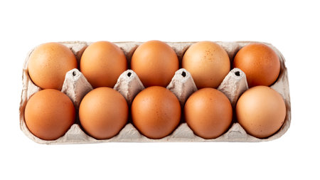Ten brown eggs in a carton package isolated in white background. Top view.の写真素材