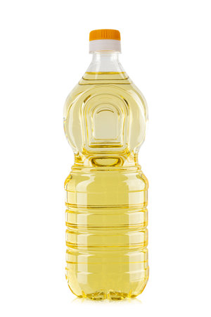 Vegetable or sunflower oil in plastic bottle in white background.の写真素材