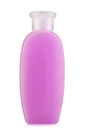 Pink Plastic Bottle for Shampoo, Liquid Soap or Lotion. Close - up Isolated on a White Background.の写真素材