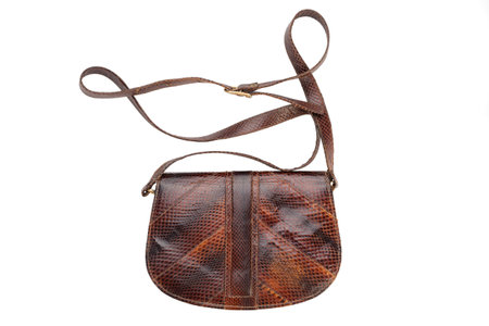 Women's handbag made of snake skin isolated on white background.の写真素材