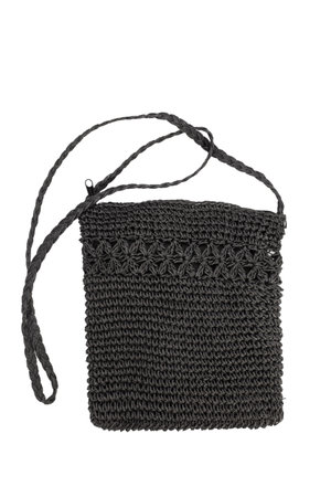 Black wicker women's handbag isolated on white background.の写真素材