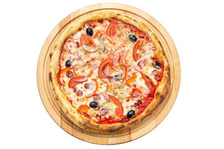 Delicious pizza served on wooden plate isolated on white background. Pizzeria menu.の写真素材