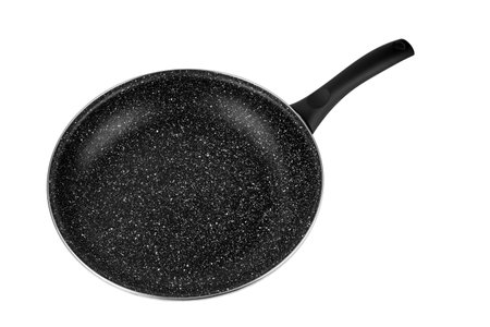 Modern empty cast frying pan with ceramic non-stick coating isolated on white background.の写真素材