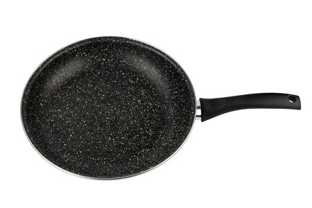 Modern empty cast frying pan with ceramic non-stick coating isolated on white background.の写真素材