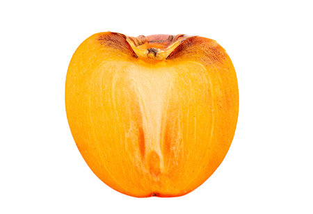 Half a delicious persimmon isolated on white background.の写真素材
